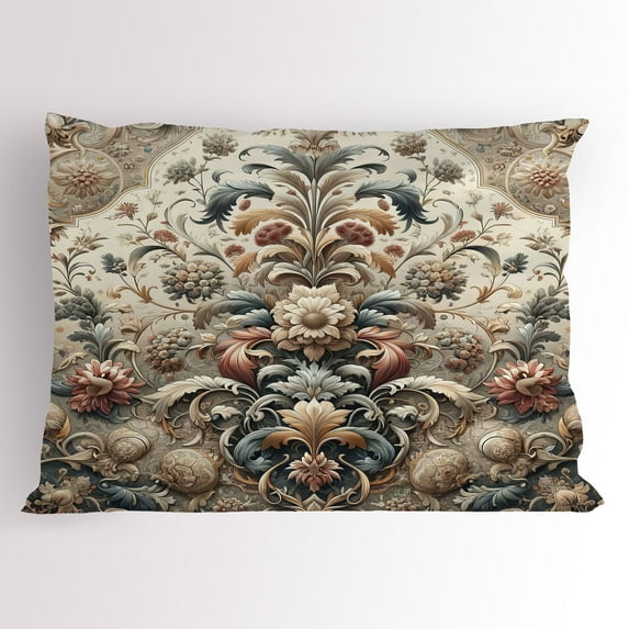Ambesonne Rococo Pillow Sham, Palatial Flowers Posh Ethnic, 26" X 20", Tan Dark Blue and Pale Ruby
