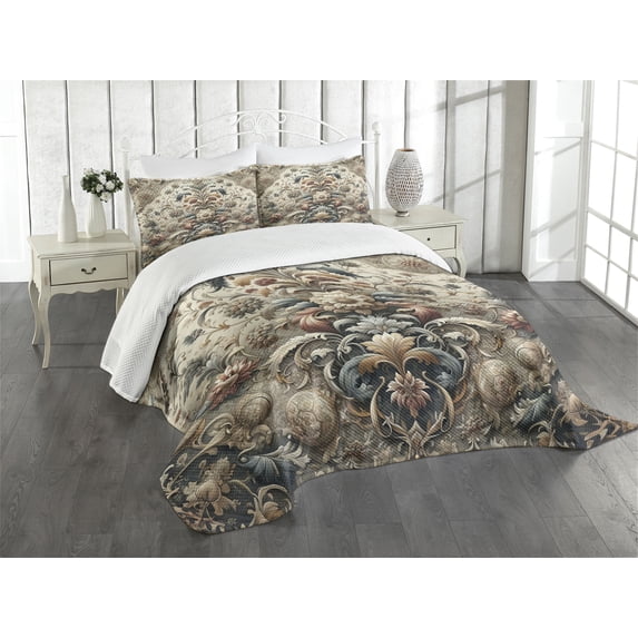 Ambesonne Rococo Quilted Bedspread Set 3 Pcs, Palatial Flowers Posh Ethnic, Queen Size, Tan Dark Blue and Pale Ruby