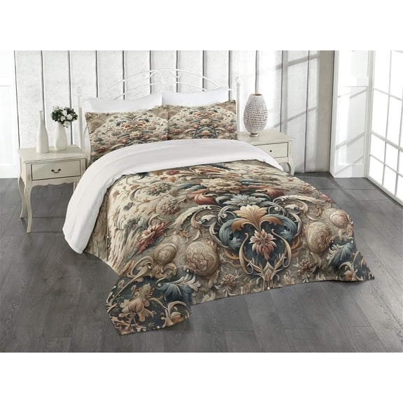 Ambesonne Rococo Quilted Coverlet 3 Pcs, Palatial Flowers Posh Ethnic, King Size, Tan Dark Blue and Pale Ruby