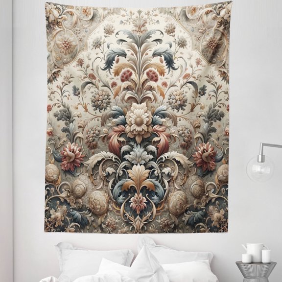 Ambesonne Rococo Tapestry Twin Size, Palatial Flowers Posh Ethnic, 68"x88", Tan Dark Blue and Pale Ruby