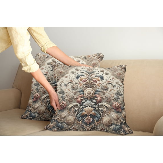 Ambesonne Rococo Throw Pillow Cover Pack of 2, Palatial Flowers Posh Ethnic, 2 Pcs-24" x 24", Tan Dark Blue and Pale Ruby