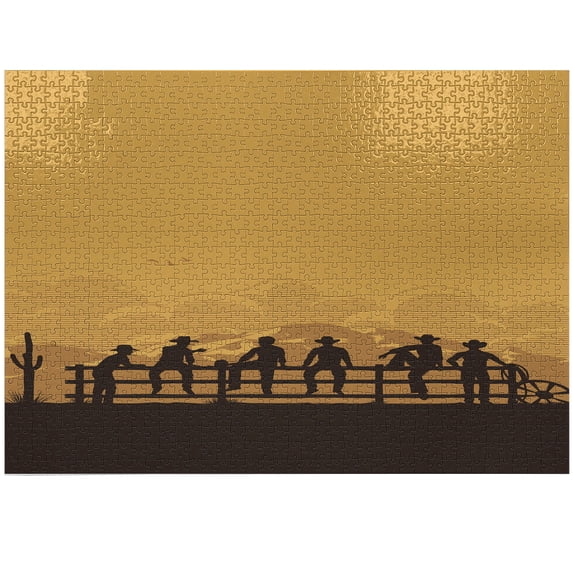 Ambesonne Rodeo Jigsaw Puzzle, Cowboys Sitting on the Fence, Heirloom-Quality Fun Activity for Family Durable Cardboard, 1000 pcs, Seal Brown and Orange