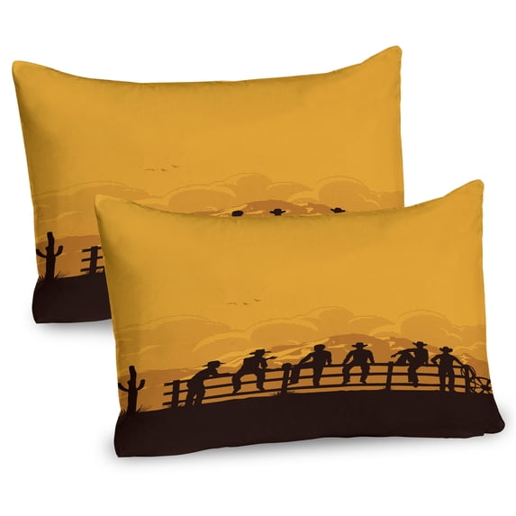 Ambesonne Rodeo Pillow Sham 2 Pack, Cowboys Sitting on the Fence, 30"x20", Seal Brown and Orange