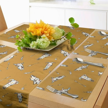 Ambesonne Rodeo Table Runner & Placemats, Cow Skulls Arrows Feathers, Placemat 4 pcs + Runner 12"x72", Pale Coffee and White