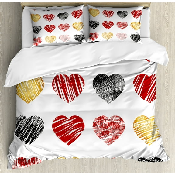 Ambesonne Romance Duvet Cover Sets, Hearts Valentines, 2-Queen, Pale Coffee Black Red