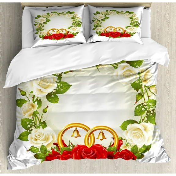 Ambesonne Romance Duvet Cover Sets, Roses Wedding Rings, 2-King, White Green Red