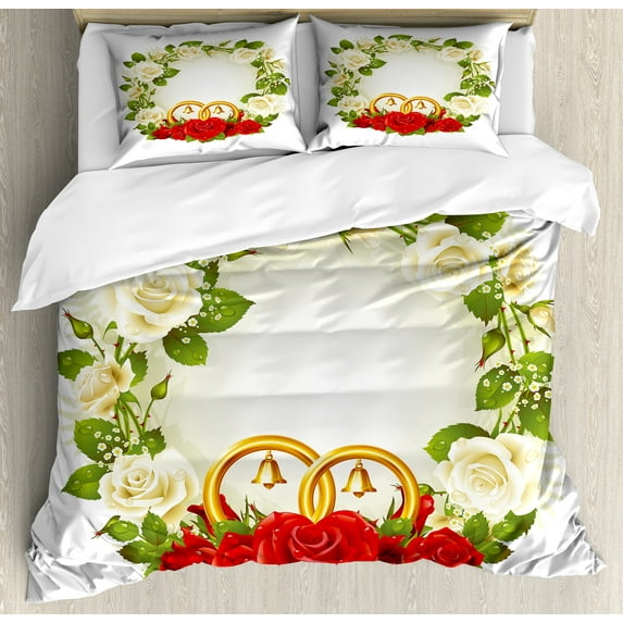 Ambesonne Romance Duvet Cover Sets, Roses Wedding Rings, 2-Queen, White Green Red