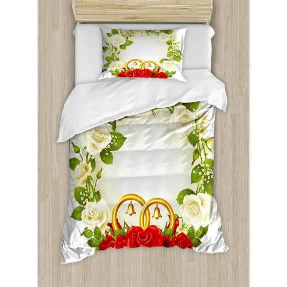 Ambesonne Romance Duvet Cover Sets, Roses Wedding Rings, 2-Twin, White Green Red