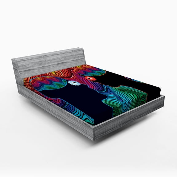 Ambesonne Romance Fitted Sheet, Floral Eyes and Stripe, Queen Size, Multicolor