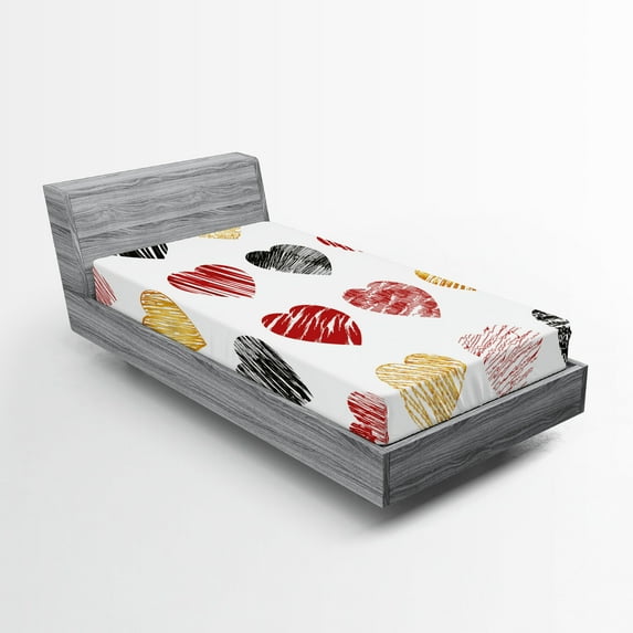 Ambesonne Romance Fitted Sheet, Hearts Valentines, Twin Size, Pale Coffee Black Red