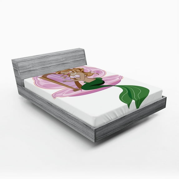 Ambesonne Romance Fitted Sheet, Mermaid Art, Full Size, Pink Green