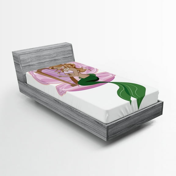 Ambesonne Romance Fitted Sheet, Mermaid Art, Twin Size, Pink Green