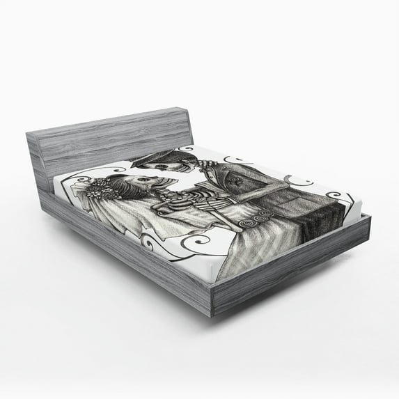Ambesonne Romance Fitted Sheet, Skeleton Marriage, California King, Dimgrey and White
