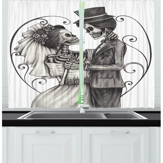Ambesonne Romance Kitchen Curtains, Skeleton Marriage, 55"x39", Dimgrey and White
