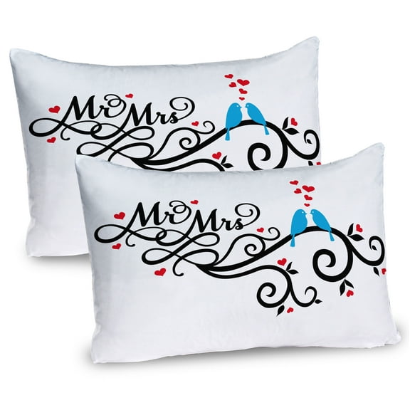Ambesonne Romance Pillow Sham 2 Pack, Mr. Mrs. Birds Branch, 30"x20", Red Blue Black