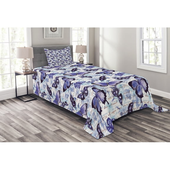 Ambesonne Romance Quilted Bedspread Set 2 Pcs, Old Flowers Butterfly, Twin Size, Pale Blue Violet Black