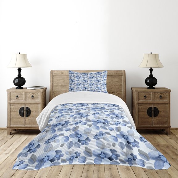 Ambesonne Romance Quilted Bedspread Set 2 Pcs, Paintbrush Camelia Leaf, Twin Size, Blue