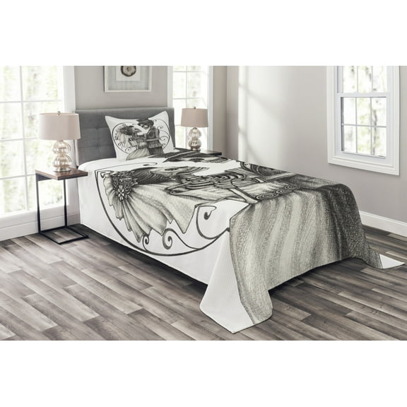 Ambesonne Romance Quilted Bedspread Set 2 Pcs, Skeleton Marriage, Twin Size, Dimgrey and White