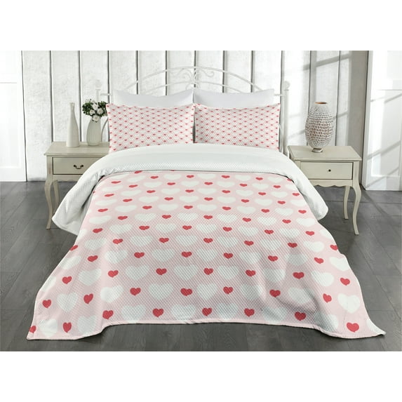 Ambesonne Romance Quilted Bedspread Set 3 Pcs, Hearts Love Antique, King Size, Red Rose White