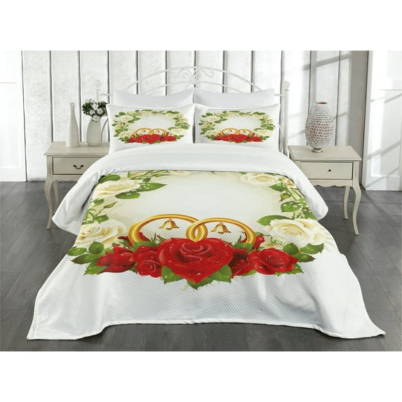 Ambesonne Romance Quilted Bedspread Set 3 Pcs, Roses Wedding Rings, Queen Size, White Green Red