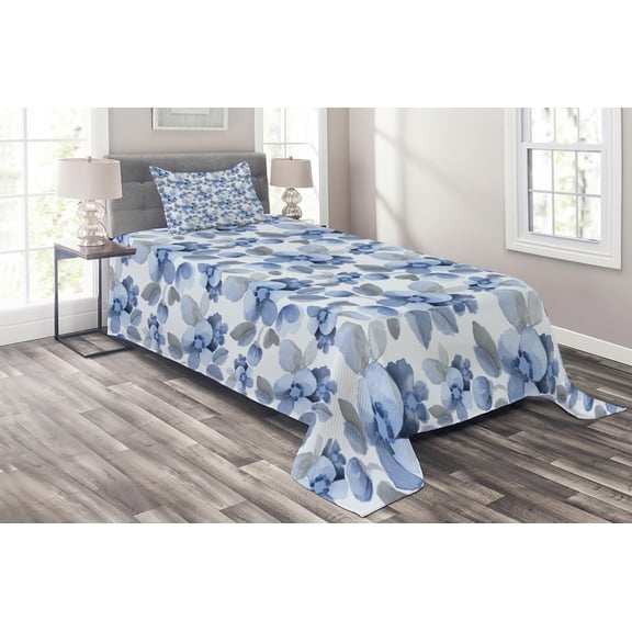 Ambesonne Romance Quilted Coverlet 2 Pcs, Paintbrush Camelia Leaf, Twin Size, Blue