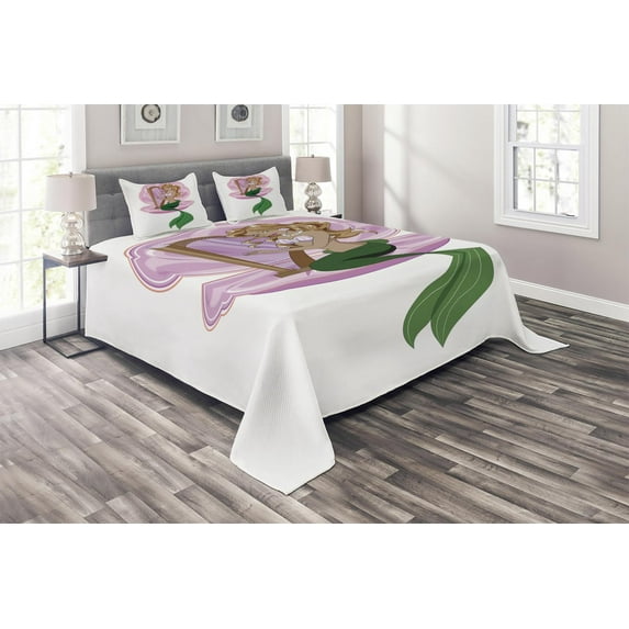 Ambesonne Romance Quilted Coverlet 3 Pcs, Mermaid Art, King Size, Pink Green