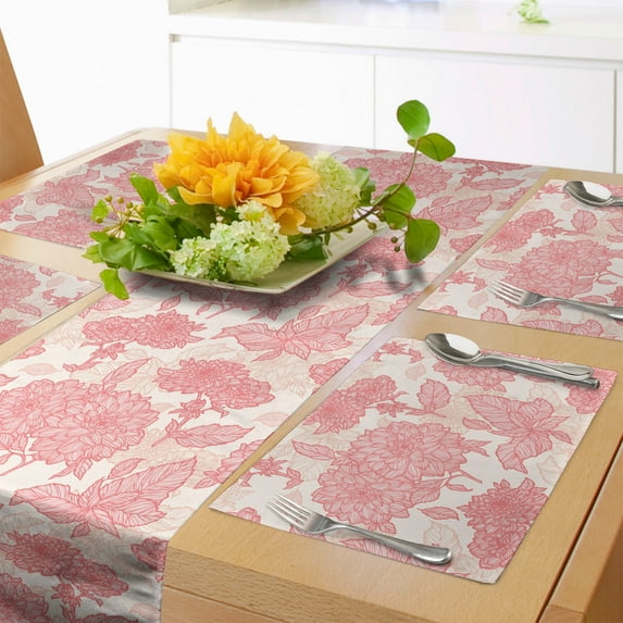 Ambesonne Romance Table Runner & Placemats, Pink Flowers and Leaves, Placemat 4 pcs + Runner 14"x72", Pink
