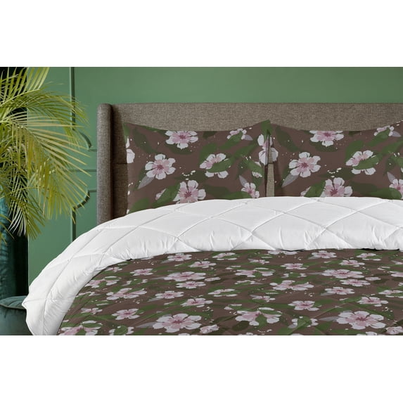 Ambesonne Romantic Autumn Down Alternative Quilt Comforter, Asian Flowers Print, Twin, Pale Mauve Peacock Green