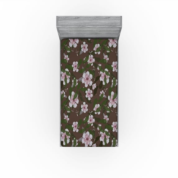 Ambesonne Romantic Autumn Fitted Sheet, Asian Flowers Print, Twin XL Size, Pale Mauve Peacock Green
