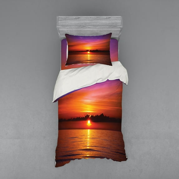 Ambesonne Romantic Bedding Set 3 Pcs, Colorful Beach Sunset, Twin XL, Orange Purple