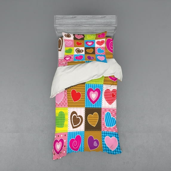 Ambesonne Romantic Bedding Set 3 Pcs, Love Heart Patchwork, Twin, Multicolor