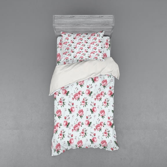 Ambesonne Romantic Bedding Set 3 Pcs, Spring Flowers Roses, Twin, Almond Green Pale Pink