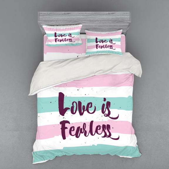 Ambesonne Romantic Bedding Set 4 Pcs, Love is Fearless Words, Queen, Mint Green Pale Pink