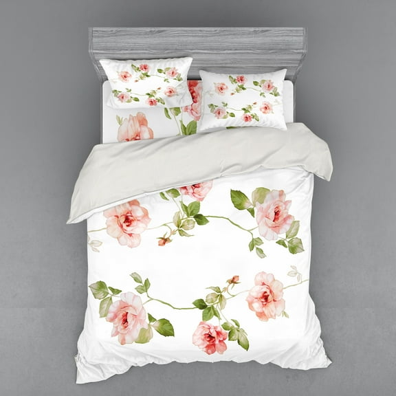 Ambesonne Romantic Bedding Set 4 Pcs, Rose Flower Petals, Queen, Reseda Green Peach Coral