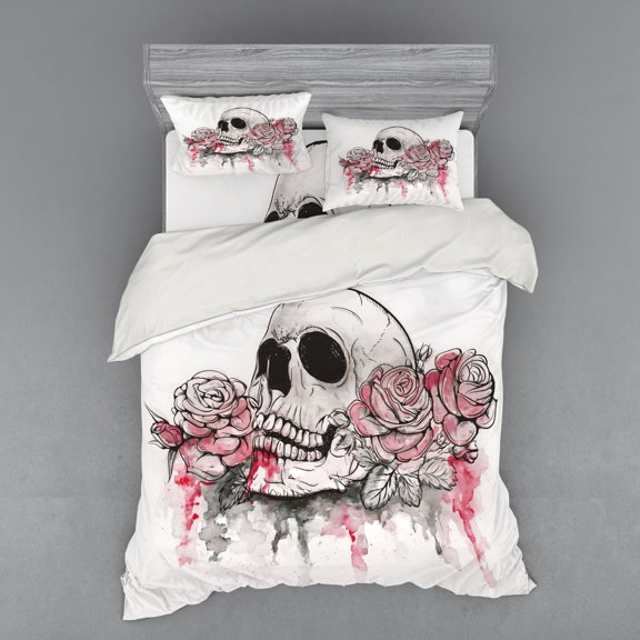 Ambesonne Romantic Bedding Set 4 Pcs, Skull Head Roses, Queen, White Pale Pink Black