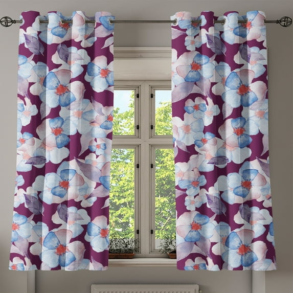 Ambesonne Romantic Blooms Grommet Curtain, Boho Autumn Flowers, 50"x63", Dark Magenta Pale Blue