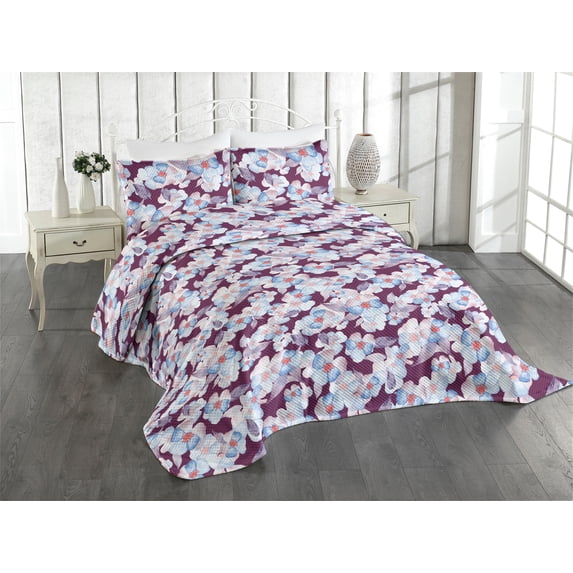 Ambesonne Romantic Blooms Quilted Coverlet 3 Pcs, Boho Autumn Flowers, Queen Size, Dark Magenta Pale Blue