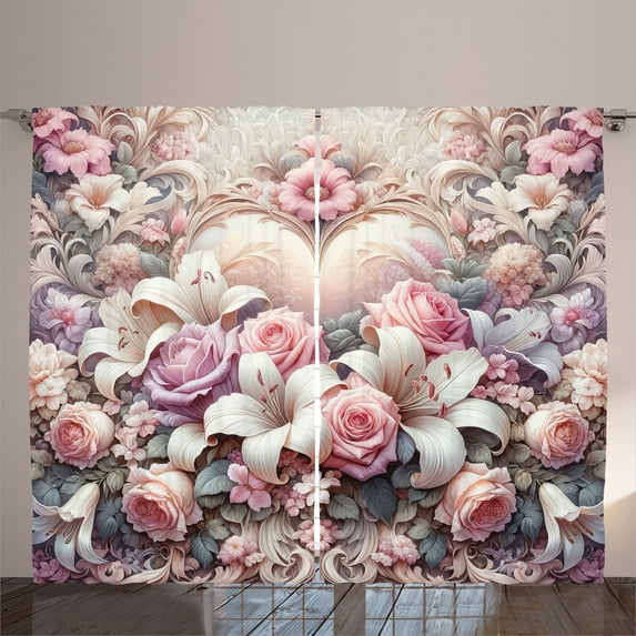 Ambesonne Romantic Curtains 2 Panel Set, Pastel Love Garden Flowers, 108" x 96", Pale Pink Peach and Lilac