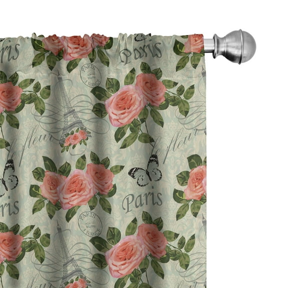Ambesonne Romantic Curtains, Paris Themed Flowers, Pair of 28"x84", Salmon and Green