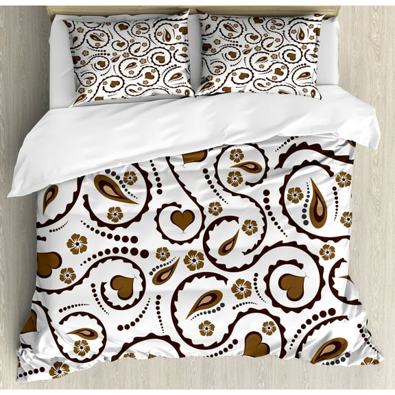 Ambesonne Romantic Duvet Cover Set, Love Heart Swirls Dots, King, Dark Brown and White