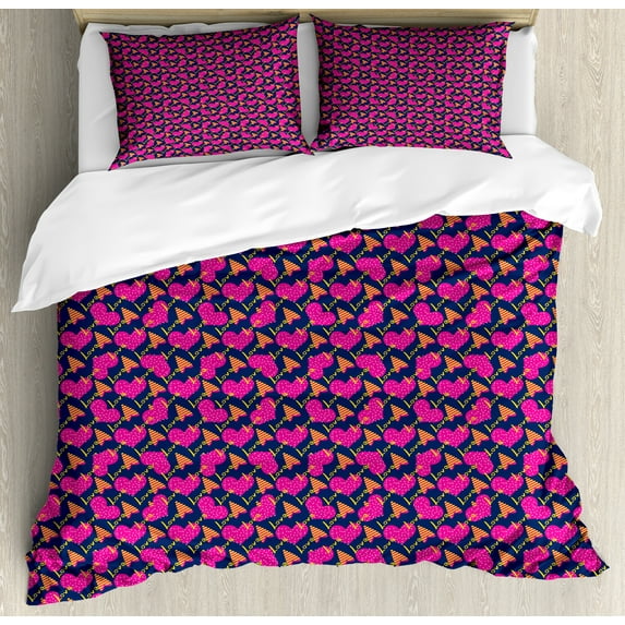 Ambesonne Romantic Duvet Cover Set, Love Hearts Party Design, 2-Calking, Magenta Night Blue and Yellow