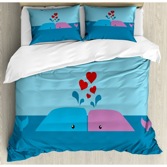 Ambesonne Romantic Duvet Cover Set, Lover Whales in Ocean, Calking, Blue and Pink