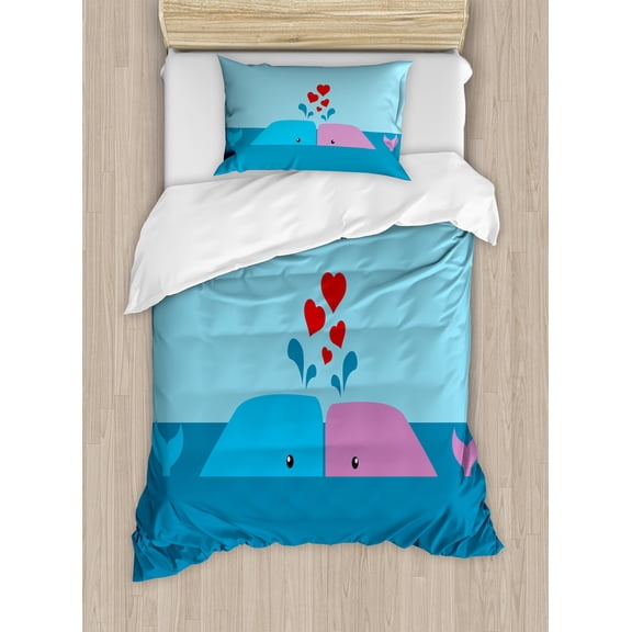 Ambesonne Romantic Duvet Cover Set, Lover Whales in Ocean, Twin, Blue and Pink