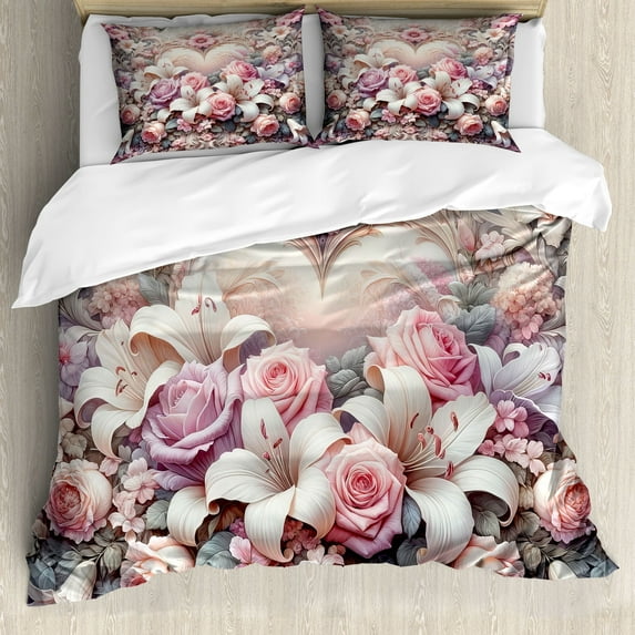 Ambesonne Romantic Duvet Cover Set, Pastel Love Garden Flowers, King, Pale Pink Peach and Lilac