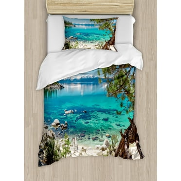 Ambesonne Romantic Duvet Cover Set, Tahoe Snowy Mountain, Twin, Pale Blue Green Eggshell