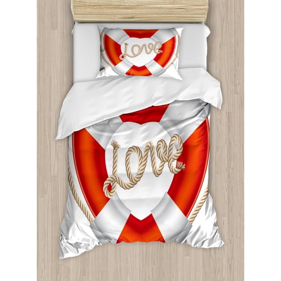 Ambesonne Romantic Duvet Cover Set, Valentine Love Hearts, Twin, Orange White Cream