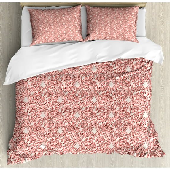 Ambesonne Romantic Duvet Cover Set, Victorian Swirls Hearts, 2-Calking, Rose Salmon