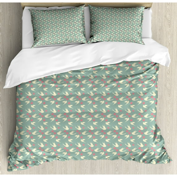 Ambesonne Romantic Duvet Cover Sets, Birds Little Hearts, 2-Queen, Jade Green Pale Pink