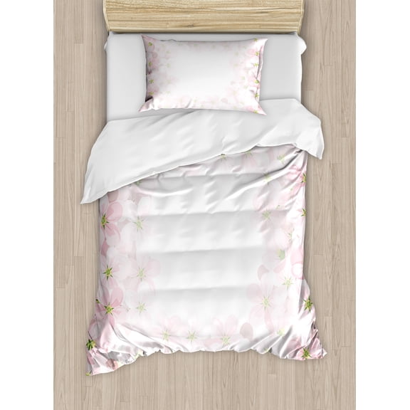 Ambesonne Romantic Duvet Cover Sets, Flower Petals Blooms, 2-Twin, Lime Green Pale Pink