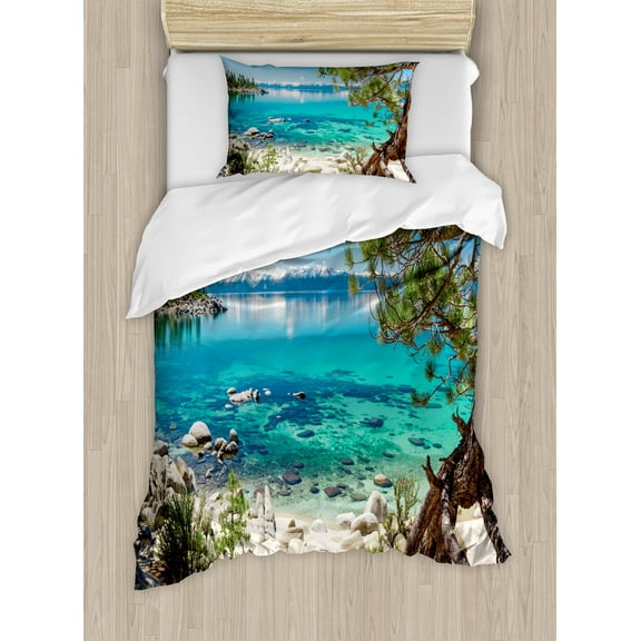 Ambesonne Romantic Duvet Cover Sets, Tahoe Snowy Mountain, 2-Twin, Pale Blue Green Eggshell